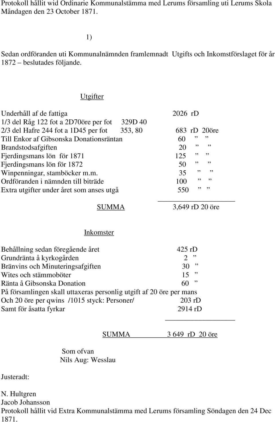 Utgifter Underhåll af de fattiga 2026 rd 1/3 del Råg 122 fot a 2D70öre per fot 329D 40 2/3 del Hafre 244 fot a 1D45 per fot 353, 80 683 rd 20öre Till Enkor af Gibsonska Donationsräntan 60