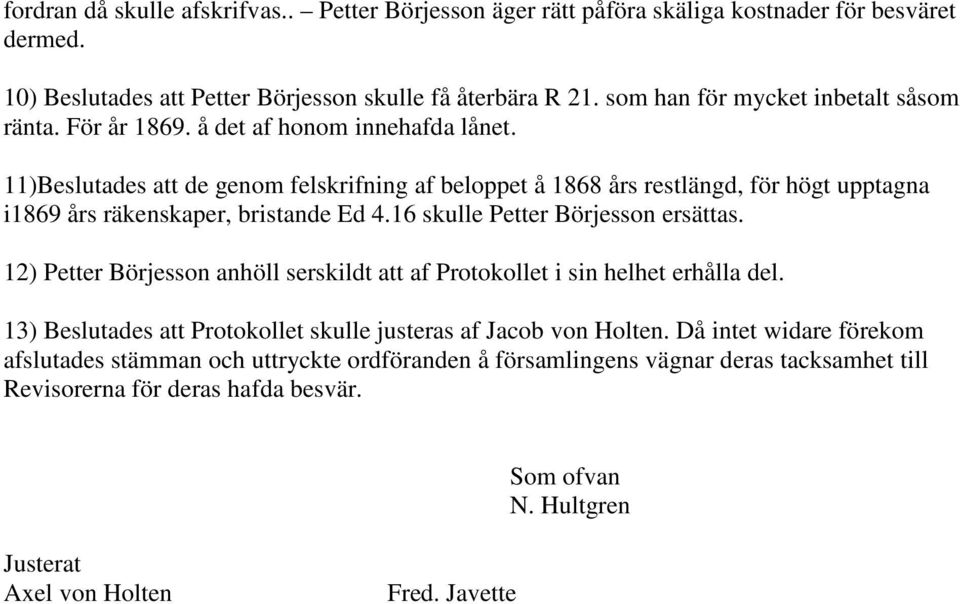 1Beslutades att de genom felskrifning af beloppet å 1868 års restlängd, för högt upptagna i1869 års räkenskaper, bristande Ed 4.16 skulle Petter Börjesson ersättas.