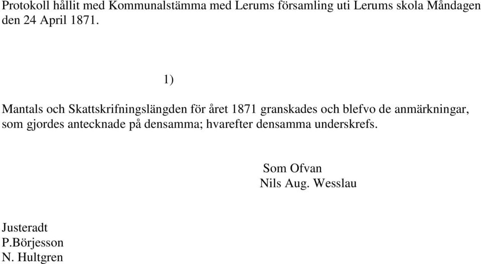 Mantals och Skattskrifningslängden för året 1871 granskades och blefvo de