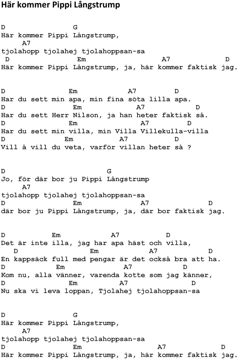 Jo, för där bor ju Pippi Långstrump tjolahopp tjolahej tjolahoppsan-sa Em där bor ju Pippi Långstrump, ja, där bor faktisk jag.