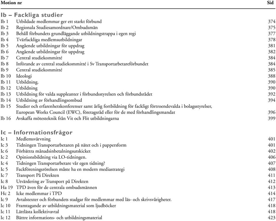 studiekommitté i Sv Transportarbetareförbundet 384 Ib 9 Central studiekommitté 385 Ib 10 Ideologi 388 Ib 11 Utbildning.