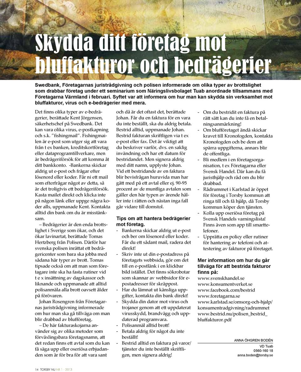 Det finns olika typer av e-bedrägerier, berättade Kent Jörgensen, säkerhetschef på Swedbank. Det kan vara olika virus, e-postkapning och s.k. fishingmail.