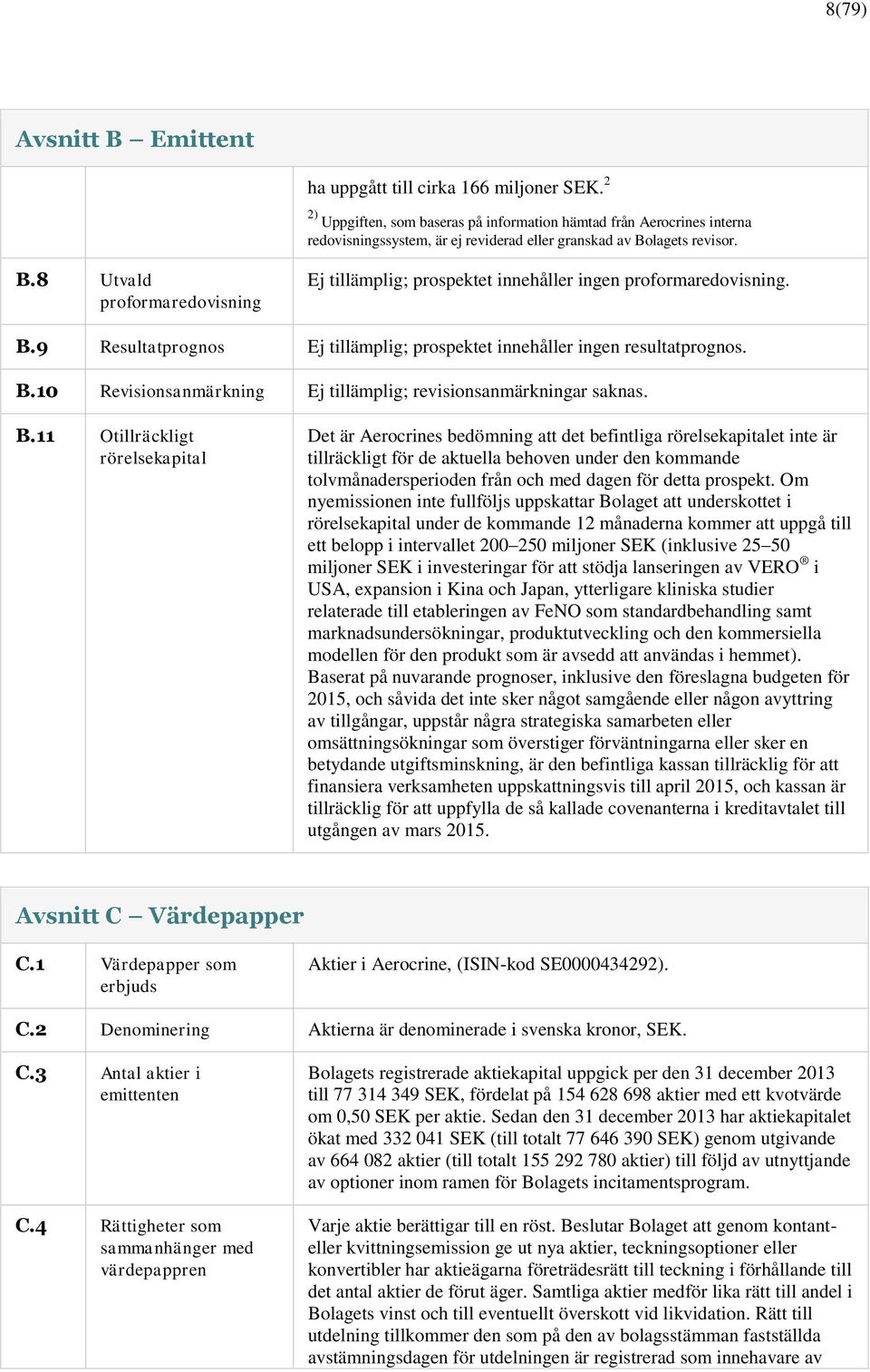 lagets revisor. B.8 Utvald proformaredovisning Ej tillämplig; prospektet innehåller ingen proformaredovisning. B.9 Resultatprognos Ej tillämplig; prospektet innehåller ingen resultatprognos. B.10 Revisionsanmärkning Ej tillämplig; revisionsanmärkningar saknas.