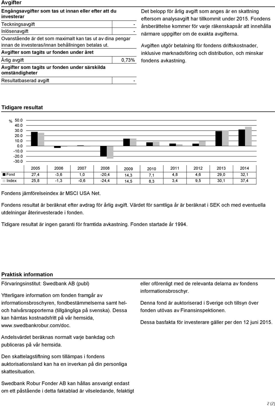 Avgifter som tagits ur fonden under året Årlig avgift 0,73% Avgifter som tagits ur fonden under särskilda omständigheter Resultatbaserad avgift - Det belopp för årlig avgift som anges är en skattning