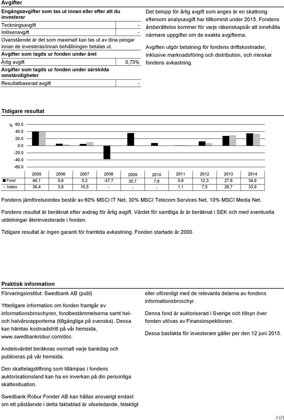 Avgifter som tagits ur fonden under året Årlig avgift 0,73% Avgifter som tagits ur fonden under särskilda omständigheter Resultatbaserad avgift - Det belopp för årlig avgift som anges är en skattning