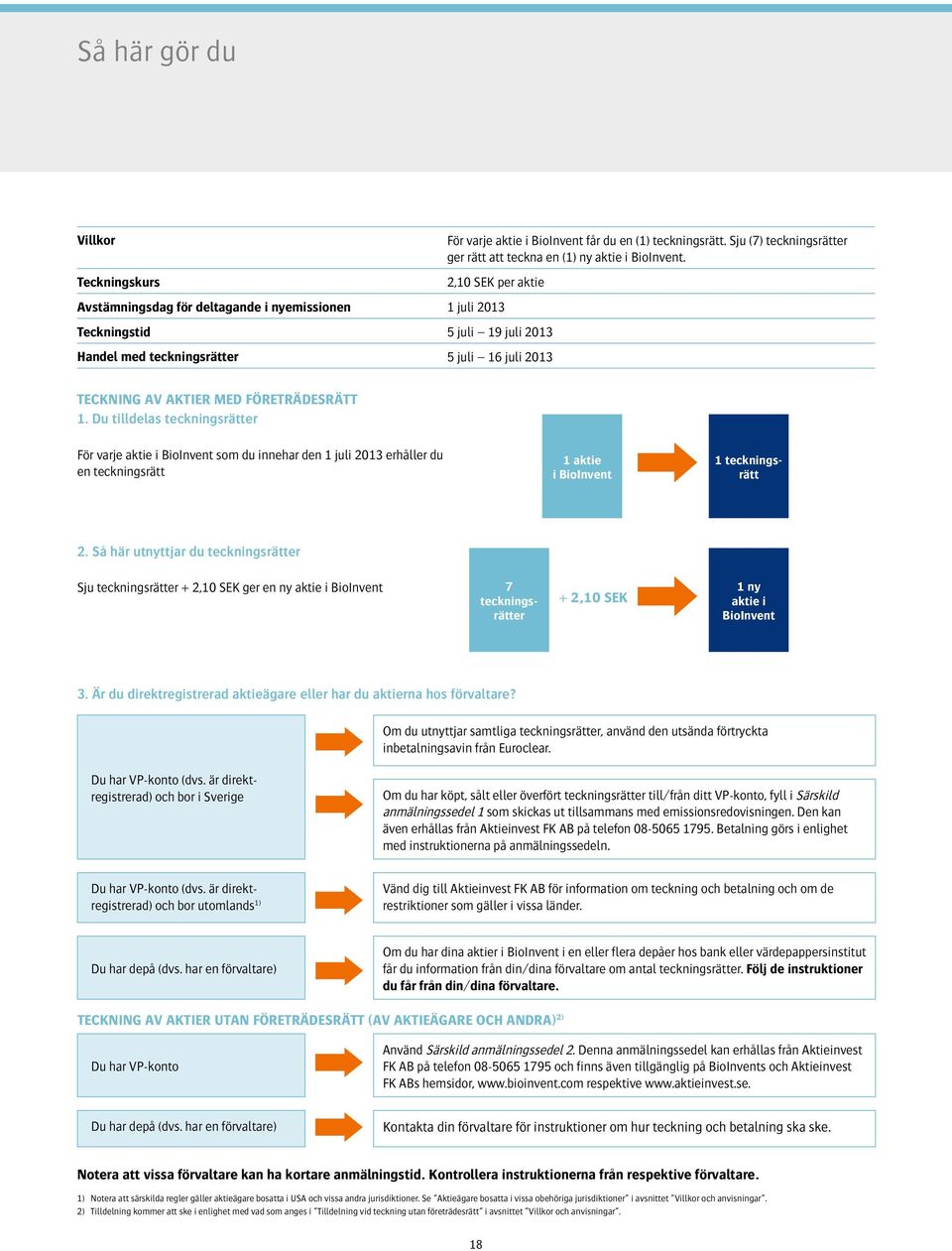 Du tilldelas teckningsrätter För varje aktie i BioInvent som du innehar den 1 juli 2013 erhåller du en teckningsrätt 1 aktie i BioInvent 1 teckningsrätt 2.