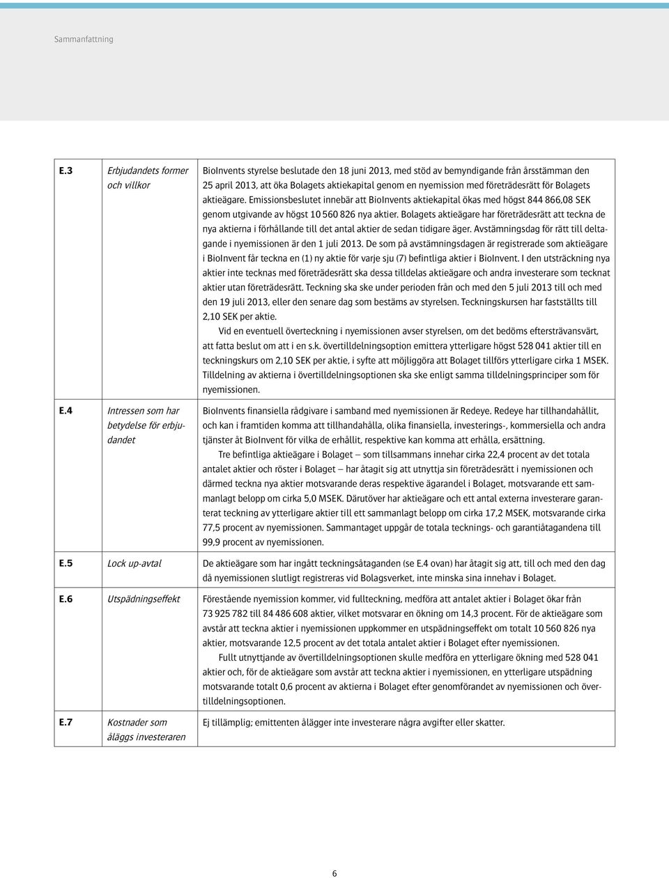 nyemission med företrädesrätt för Bolagets aktieägare. Emissionsbeslutet innebär att BioInvents aktiekapital ökas med högst 844 866,08 SEK genom utgivande av högst 10 560 826 nya aktier.