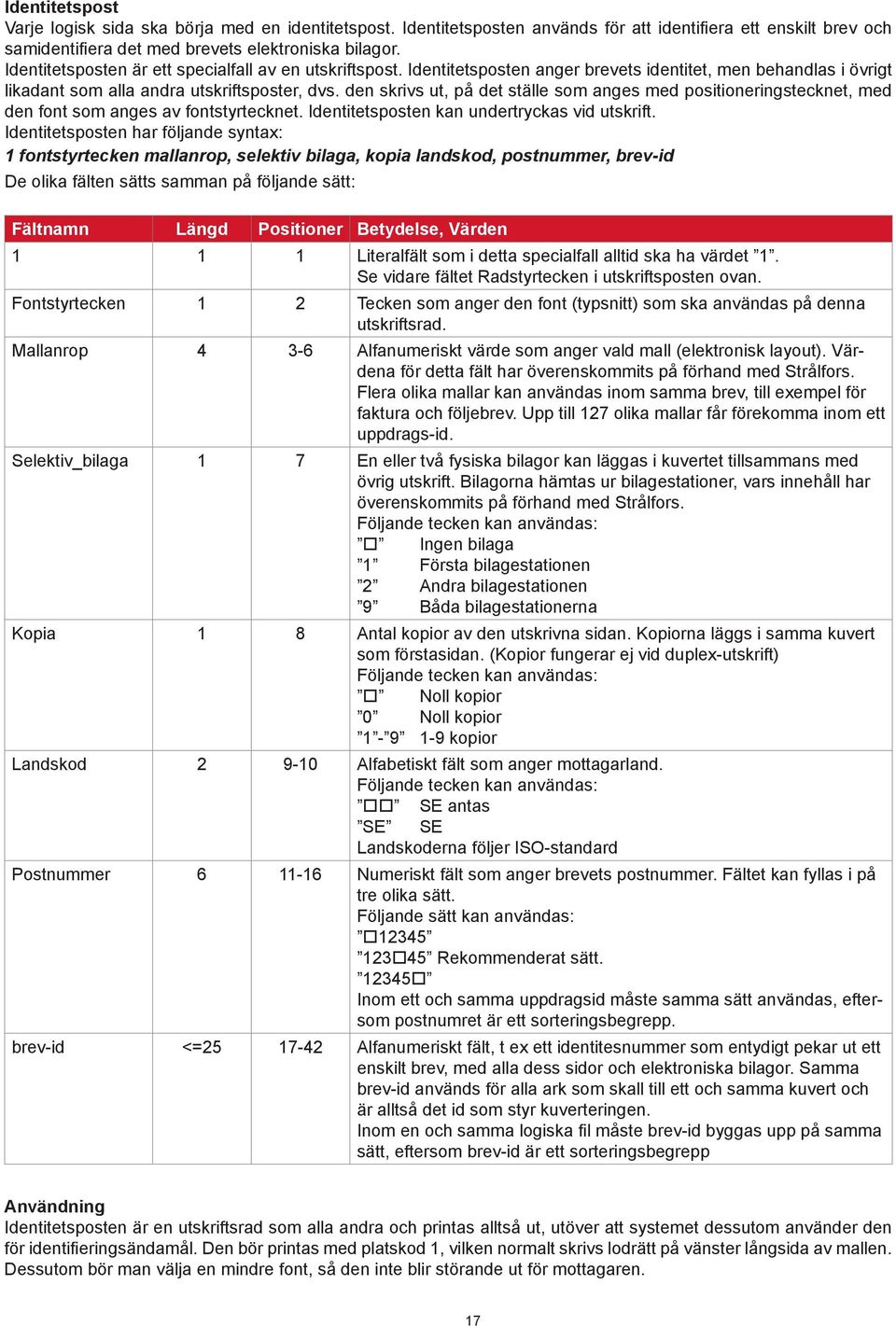den skrivs ut, på det ställe som anges med positioneringstecknet, med den font som anges av fontstyrtecknet. Identitetsposten kan undertryckas vid utskrift.