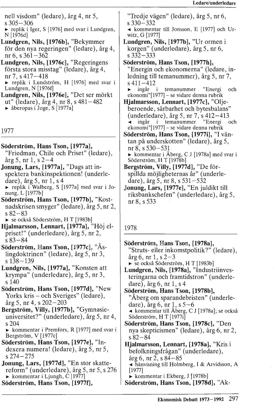 ser mörkt ut" (ledare), årg 4, nr 8, s 481-482 ~ åberopas i Joge, S [1977a] 1977 Söderström, Hans Tson, [1977a], "Friedman, Chile och Priset" (ledare), årg 5, nr 1, s 2-4 Jonung, Lars, [1977a], "Dags