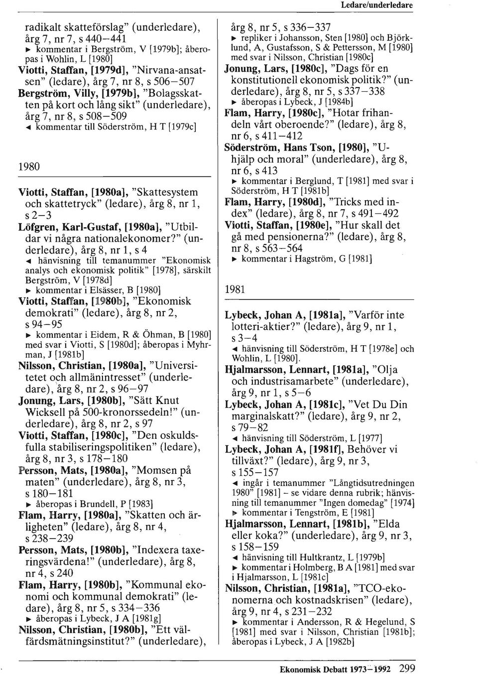 .. kommentar till Söderström, H T [1979c] 1980 Viotti, Staffan, [1980a], "Skattesystem och skattetryck" (ledare), årg 8, nr 1, s2-3 Löfgren, Karl-Gustaf, [1980a], "Utbildar vi några nationalekonomer?