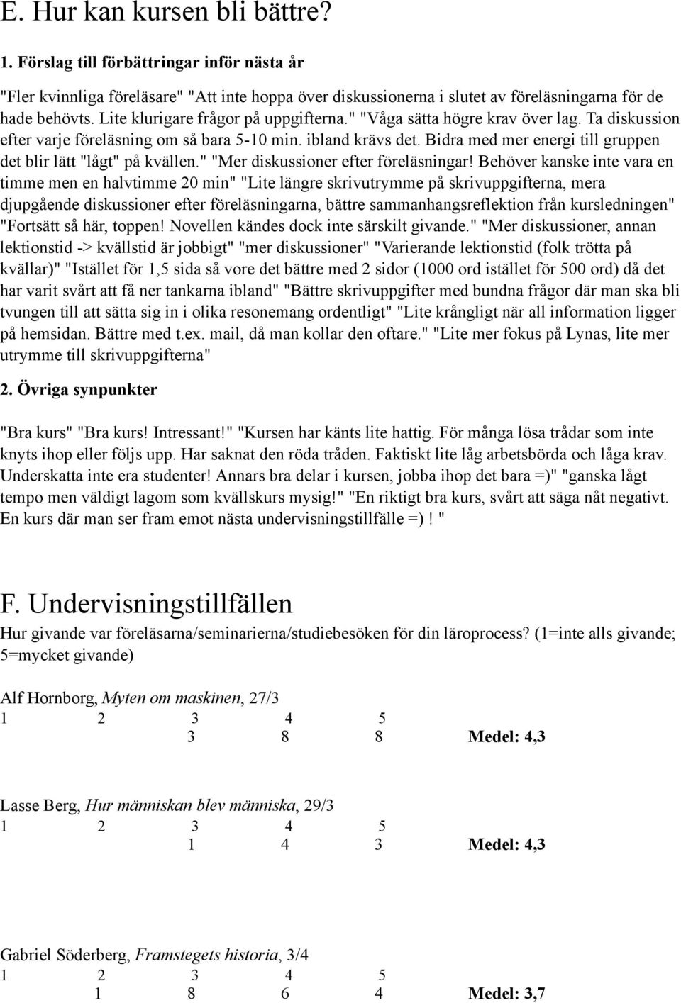 Bidra med mer energi till gruppen det blir lätt "lågt" på kvällen." "Mer diskussioner efter föreläsningar!