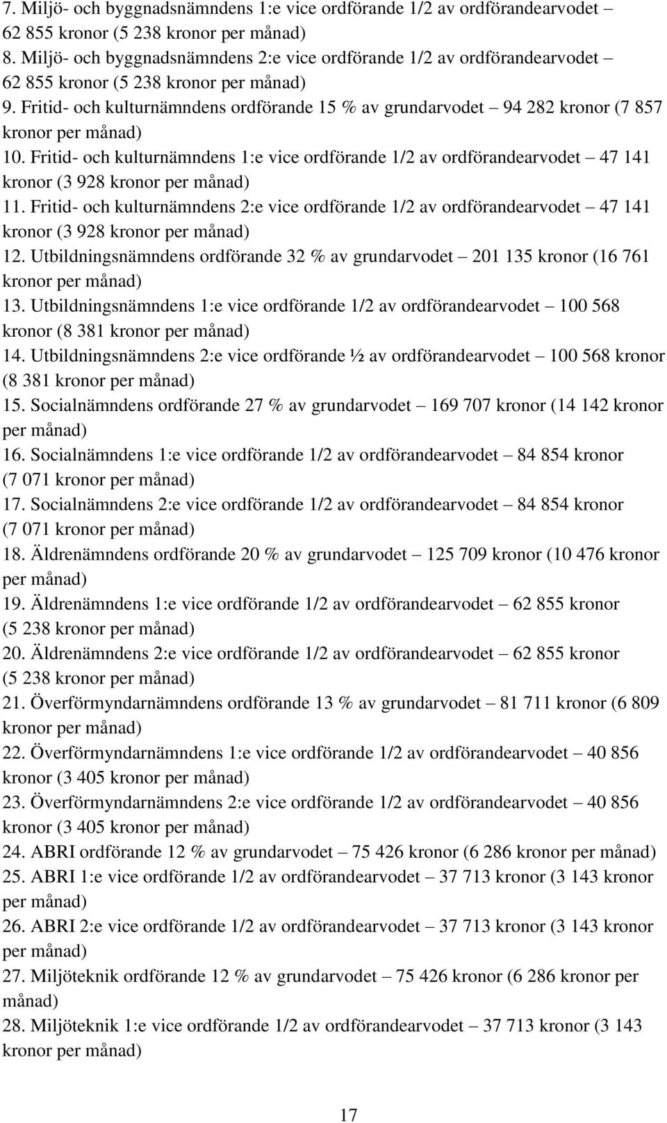 Fritid- och kulturnämndens ordförande 15 % av grundarvodet 94 282 kronor (7 857 kronor per månad) 10.