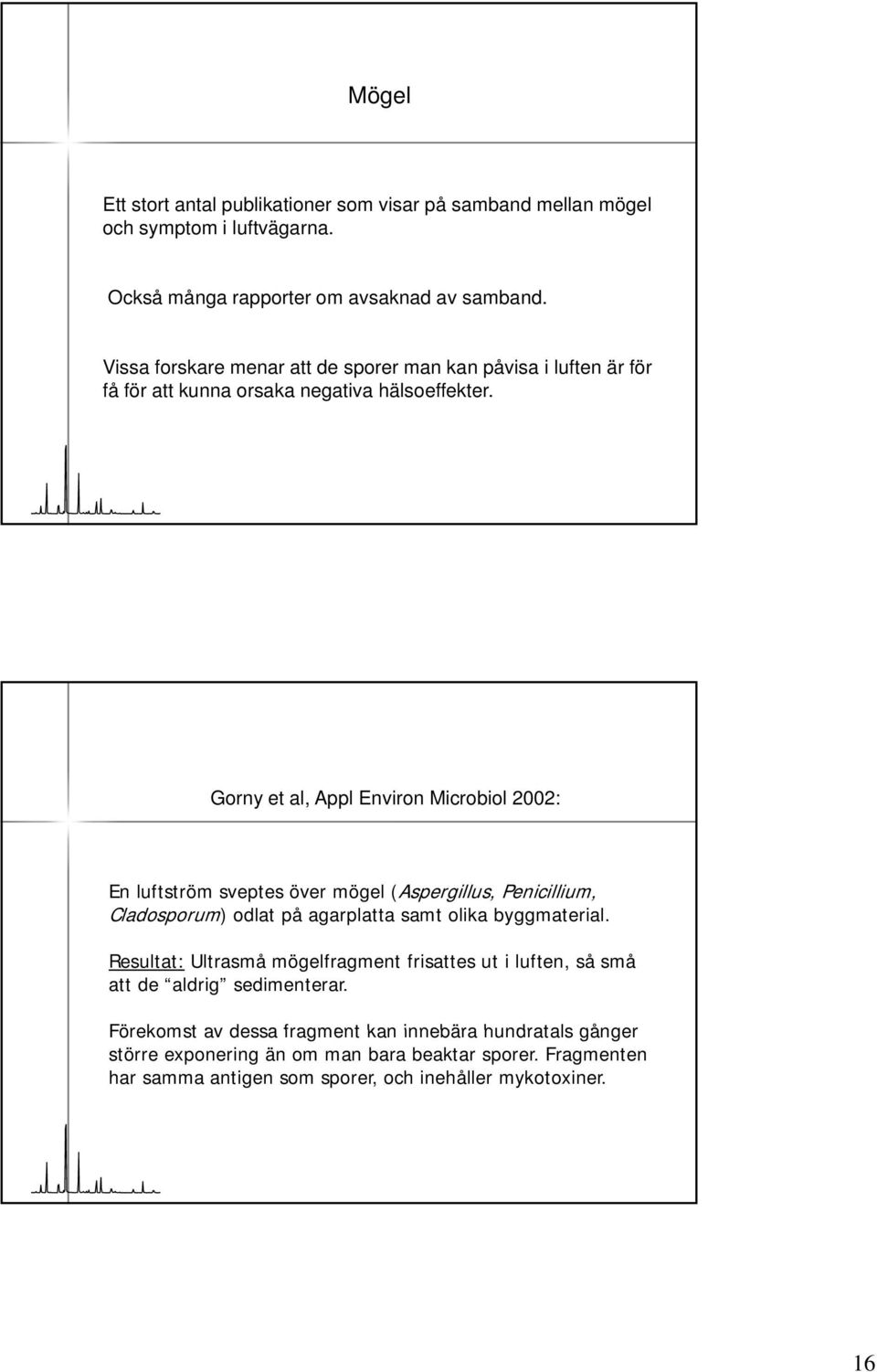 Gorny et al, Appl Environ Microbiol 2002: En luftström sveptes över mögel (Aspergillus, Penicillium, Cladosporum) odlat på agarplatta samt olika byggmaterial.