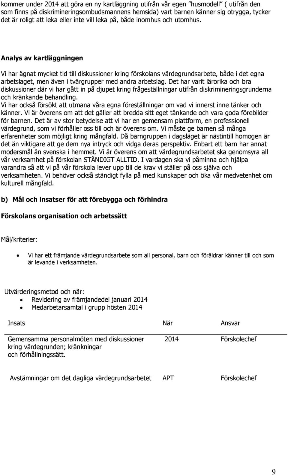 Analys av kartläggningen Vi har ägnat mycket tid till diskussioner kring förskolans värdegrundsarbete, både i det egna arbetslaget, men även i tvärgrupper med andra arbetslag.