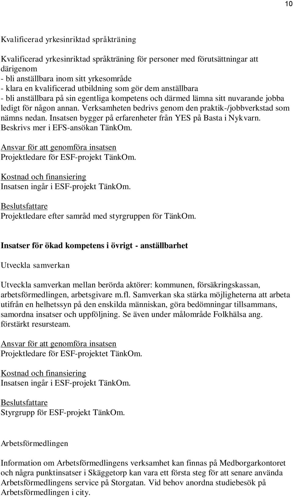 Verksamheten bedrivs genom den praktik-/jobbverkstad som nämns nedan. Insatsen bygger på erfarenheter från YES på Basta i Nykvarn. Beskrivs mer i EFS-ansökan TänkOm.