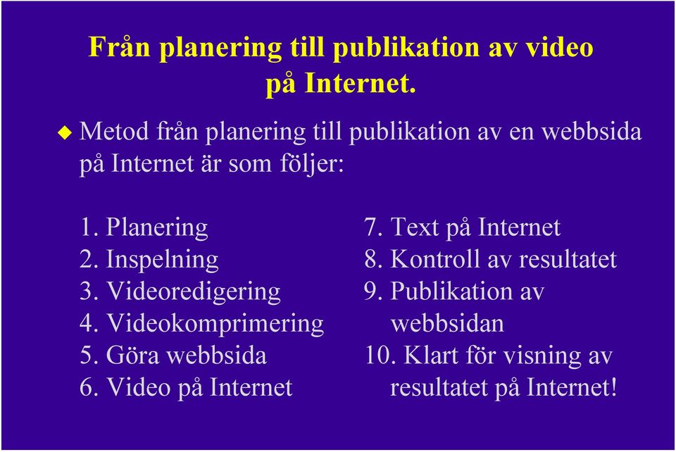 Planering 7. Text på Internet 2. Inspelning 8. Kontroll av resultatet 3. Videoredigering 9.