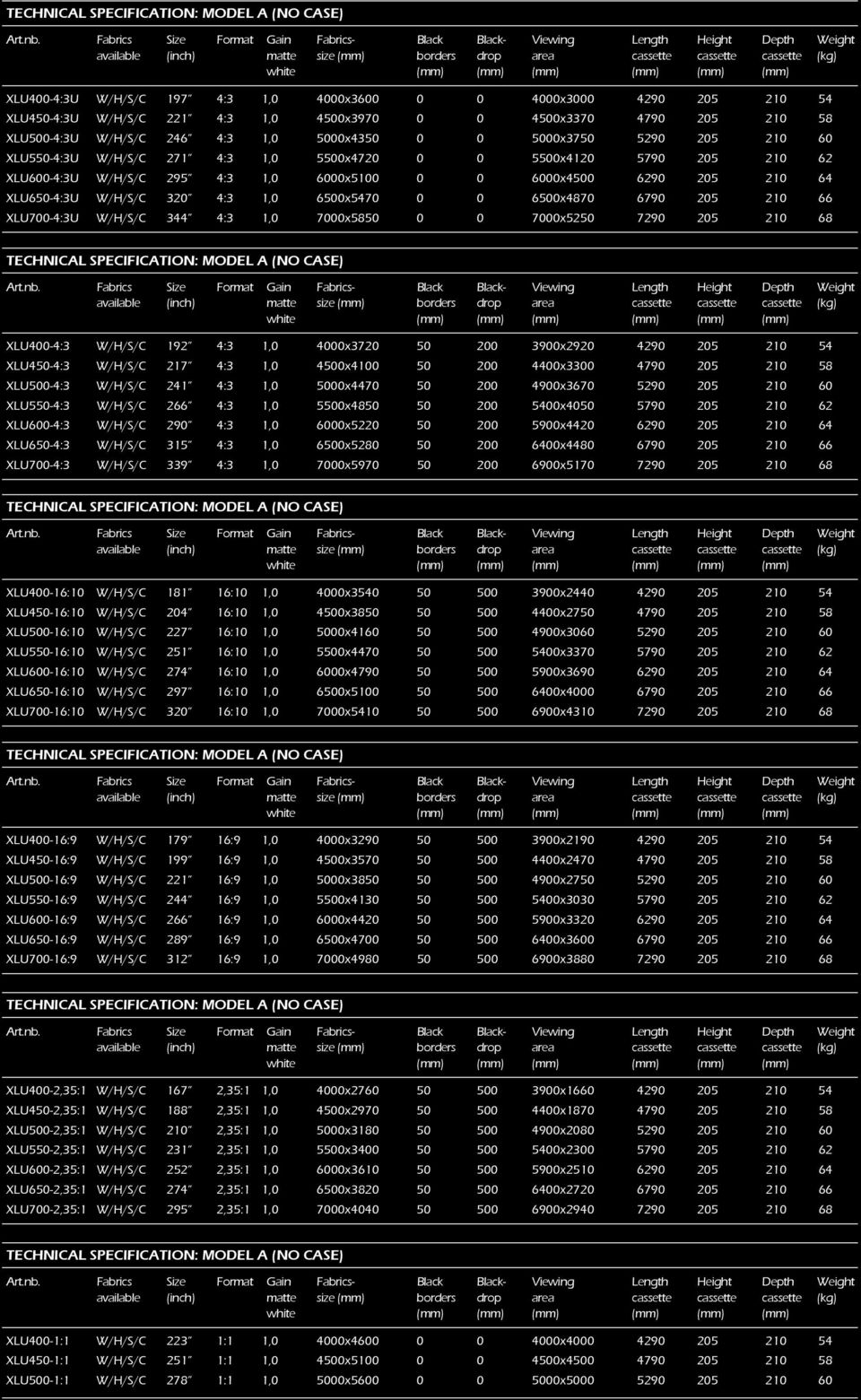 210 64 XLU650-4:3U W/H/S/C 320 4:3 1,0 6500x5470 0 0 6500x4870 6790 205 210 66 XLU700-4:3U W/H/S/C 344 4:3 1,0 7000x5850 0 0 7000x5250 7290 205 210 68 TeCHniCAL specification: model A (no case)