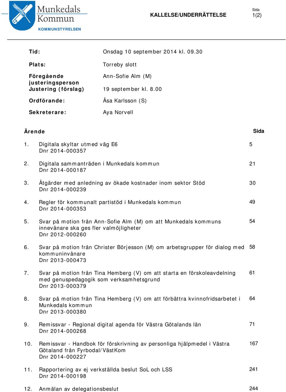 Åtgärder med anledning av ökade kostnader inom sektor Stöd Dnr 2014-000239 4. Regler för kommunalt partistöd i Munkedals kommun Dnr 2014-000353 5.