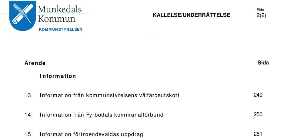 Information från kommunstyrelsens välfärdsutskott 249 14.