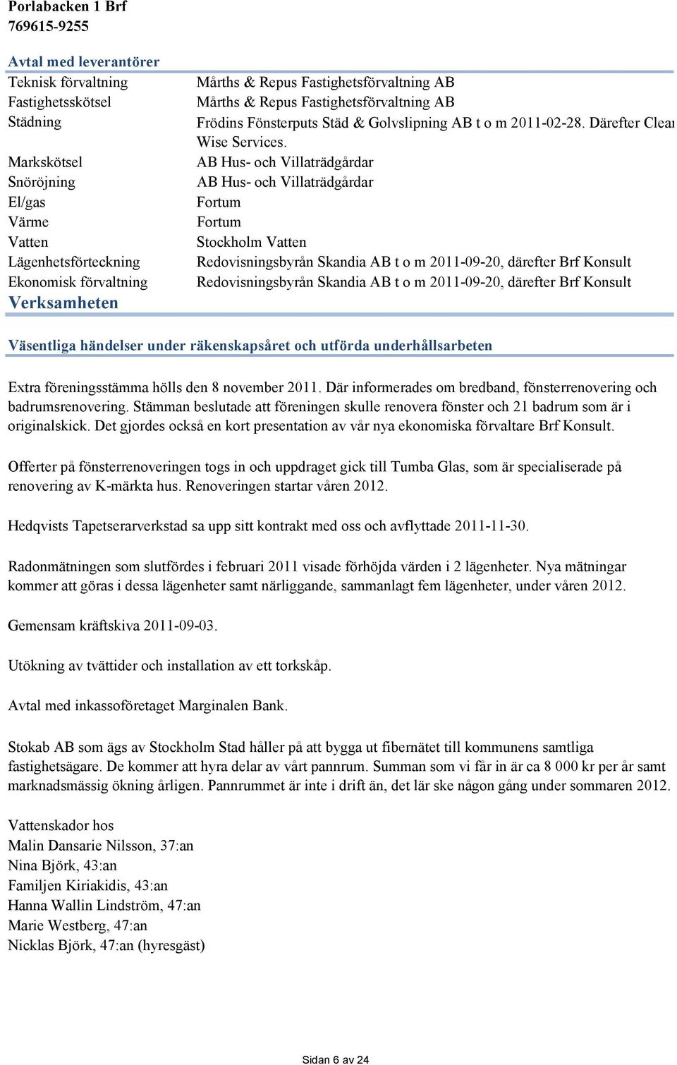 AB Hus- och Villaträdgårdar AB Hus- och Villaträdgårdar Fortum Fortum Stockholm Vatten Redovisningsbyrån Skandia AB t o m 2011-09-20, därefter Brf Konsult Redovisningsbyrån Skandia AB t o m