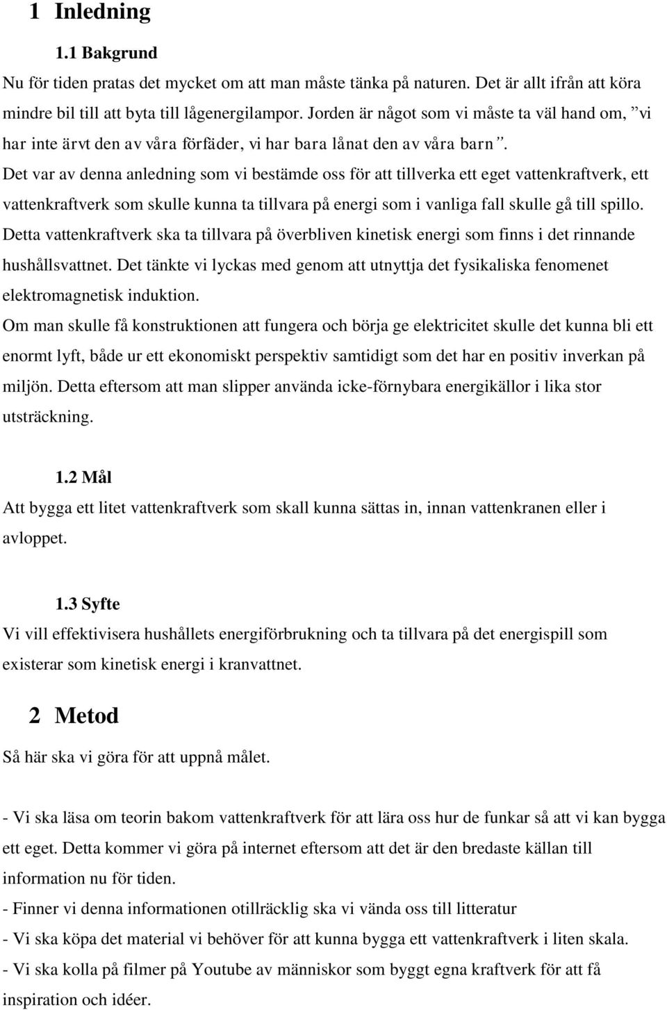 Det var av denna anledning som vi bestämde oss för att tillverka ett eget vattenkraftverk, ett vattenkraftverk som skulle kunna ta tillvara på energi som i vanliga fall skulle gå till spillo.