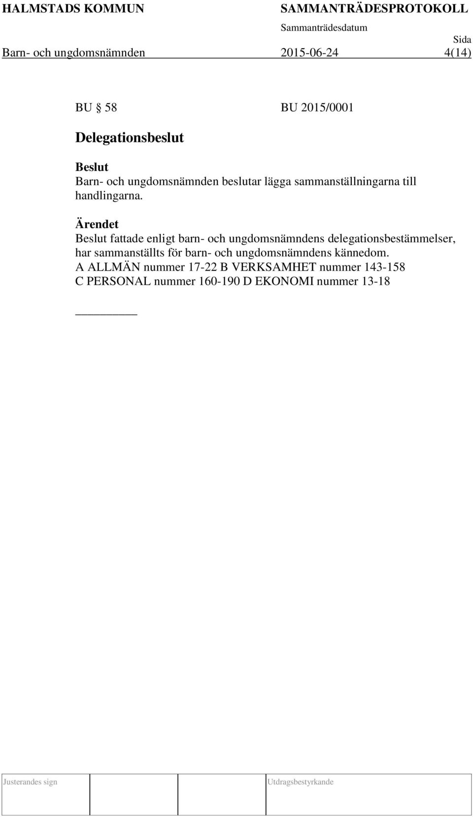 Ärendet Beslut fattade enligt barn- och ungdomsnämndens delegationsbestämmelser, har sammanställts