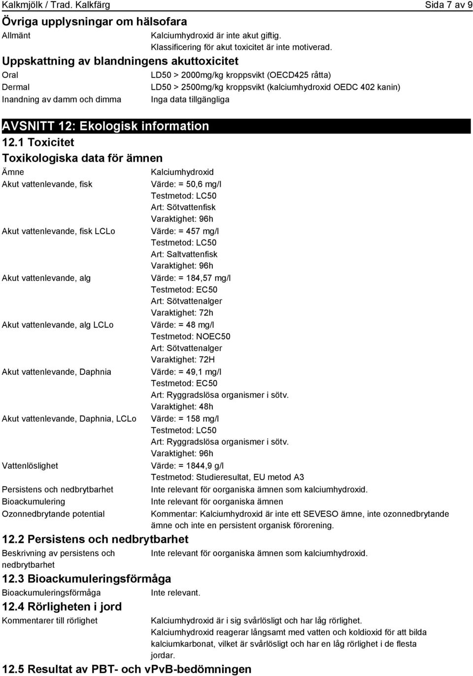 tillgängliga AVSNITT 12: Ekologisk information 12.