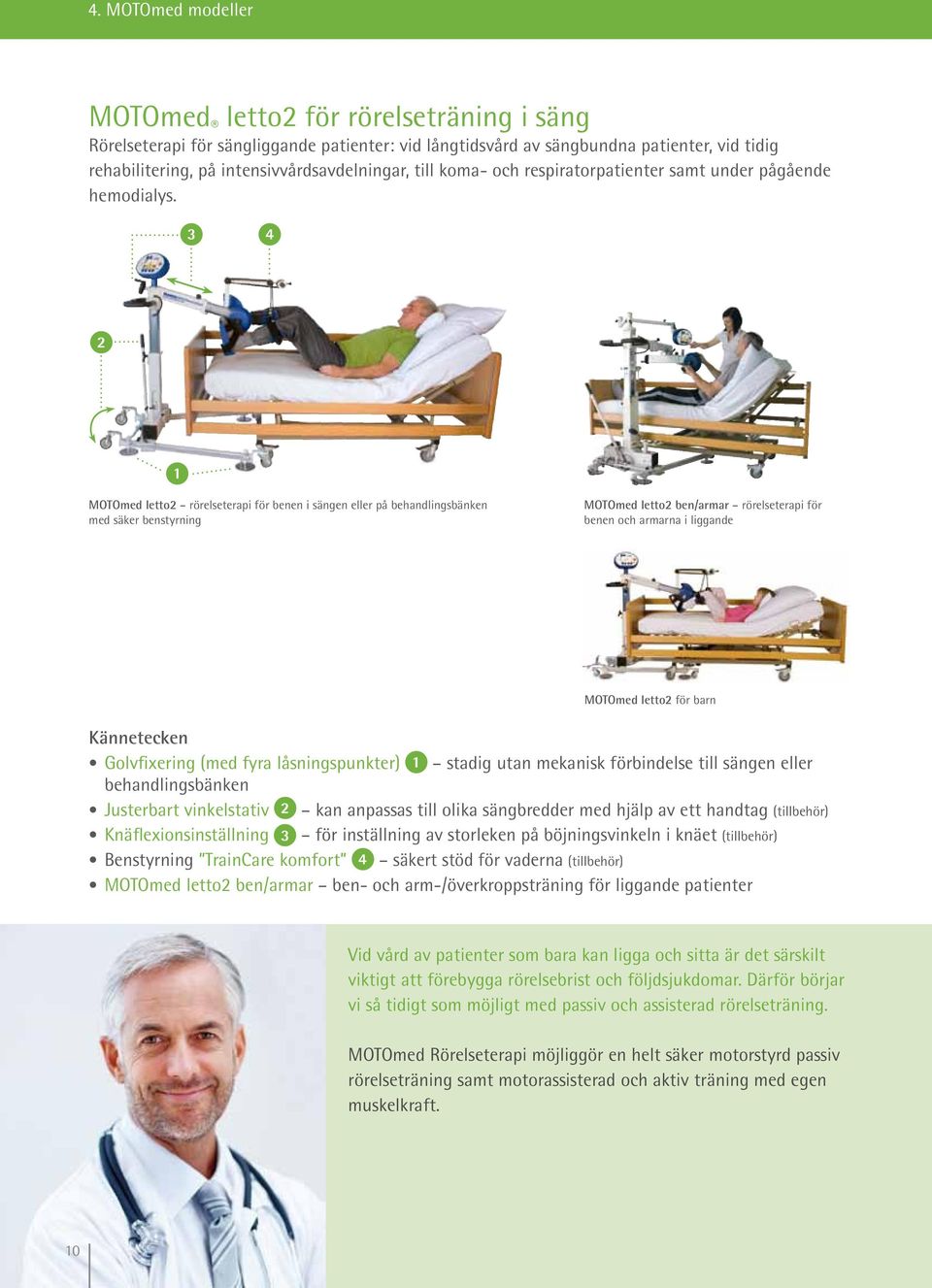 4 2 1 MOTOmed letto2 rörelseterapi för benen i sängen eller på behandlingsbänken med säker benstyrning MOTOmed letto2 ben/armar rörelseterapi för benen och armarna i liggande MOTOmed letto2 för barn