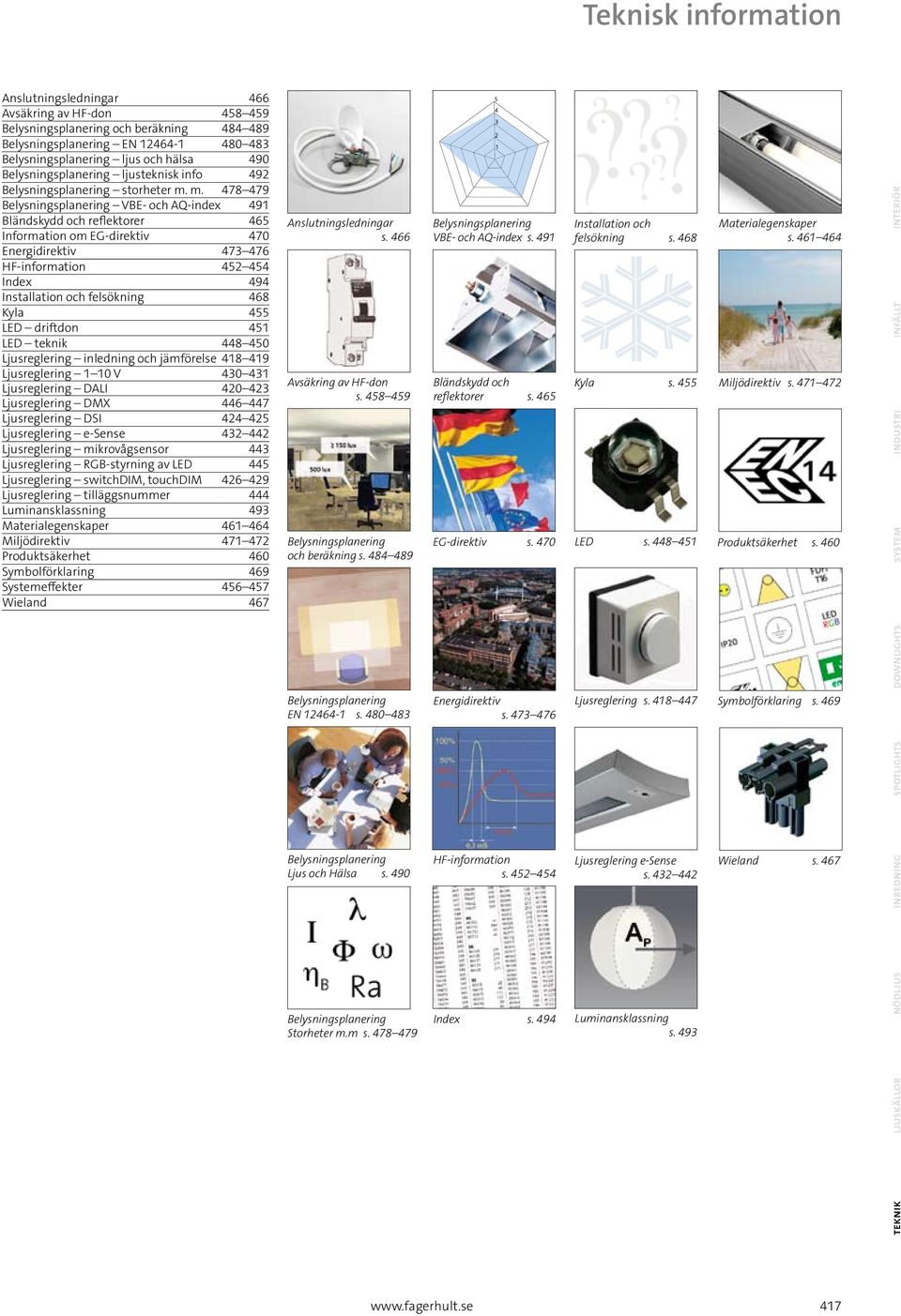 m. 478 479 Belysningsplanering VBE- och AQ-index 491 Bländskydd och reflektorer 465 Information om EG-direktiv 470 Energidirektiv 473 476 HF-information 452 454 Index 494 Installation och felsökning
