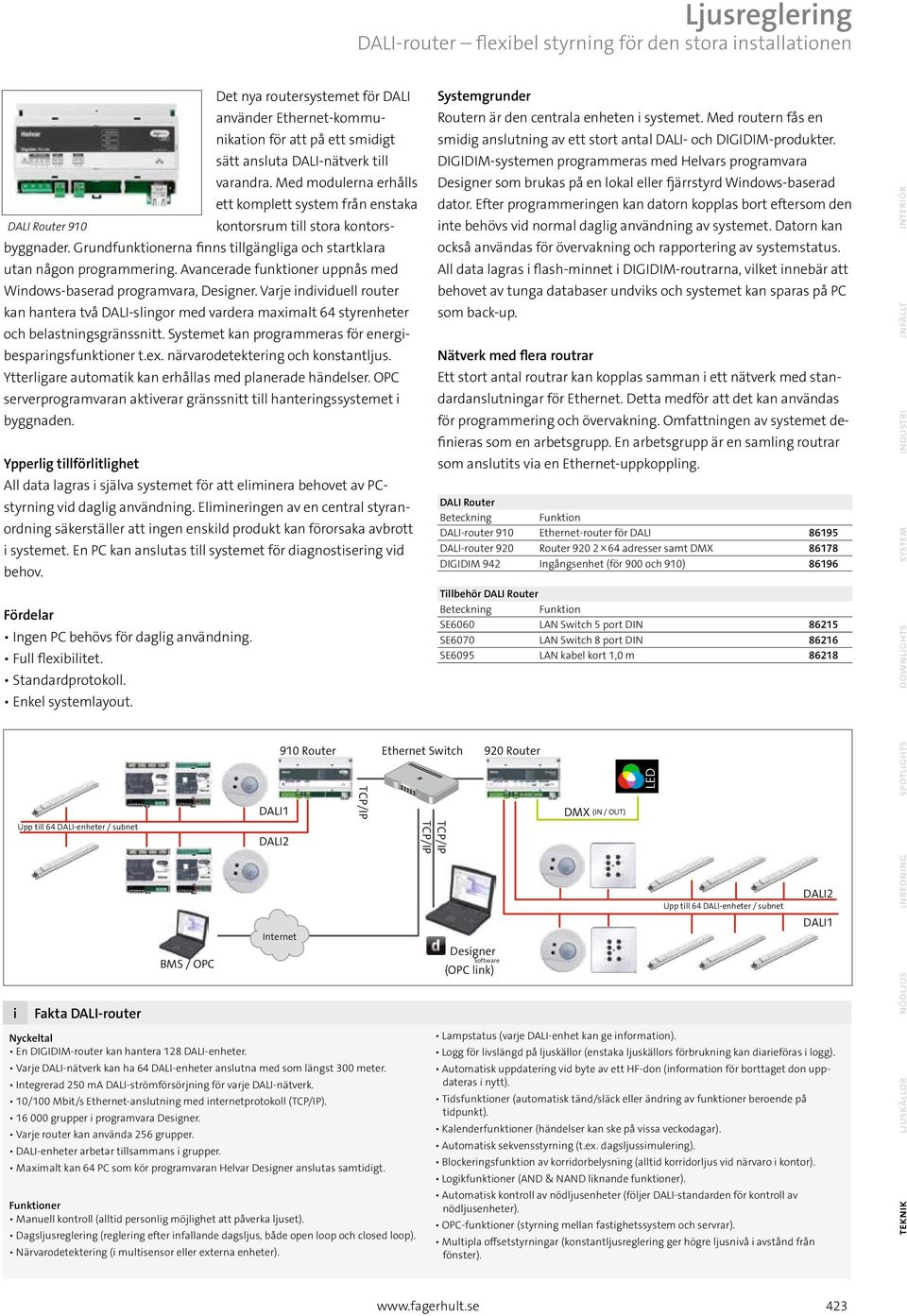 Avancerade funktioner uppnås med Windows-baserad programvara, Designer. Varje individuell router kan hantera två DALI-slingor med vardera maximalt 64 styrenheter och belastningsgränssnitt.