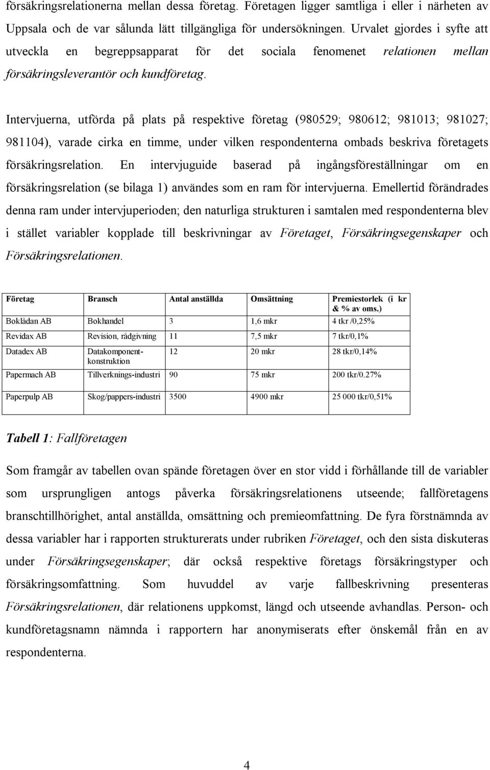 Intervjuerna, utförda på plats på respektive företag (980529; 980612; 981013; 981027; 981104), varade cirka en timme, under vilken respondenterna ombads beskriva företagets försäkringsrelation.