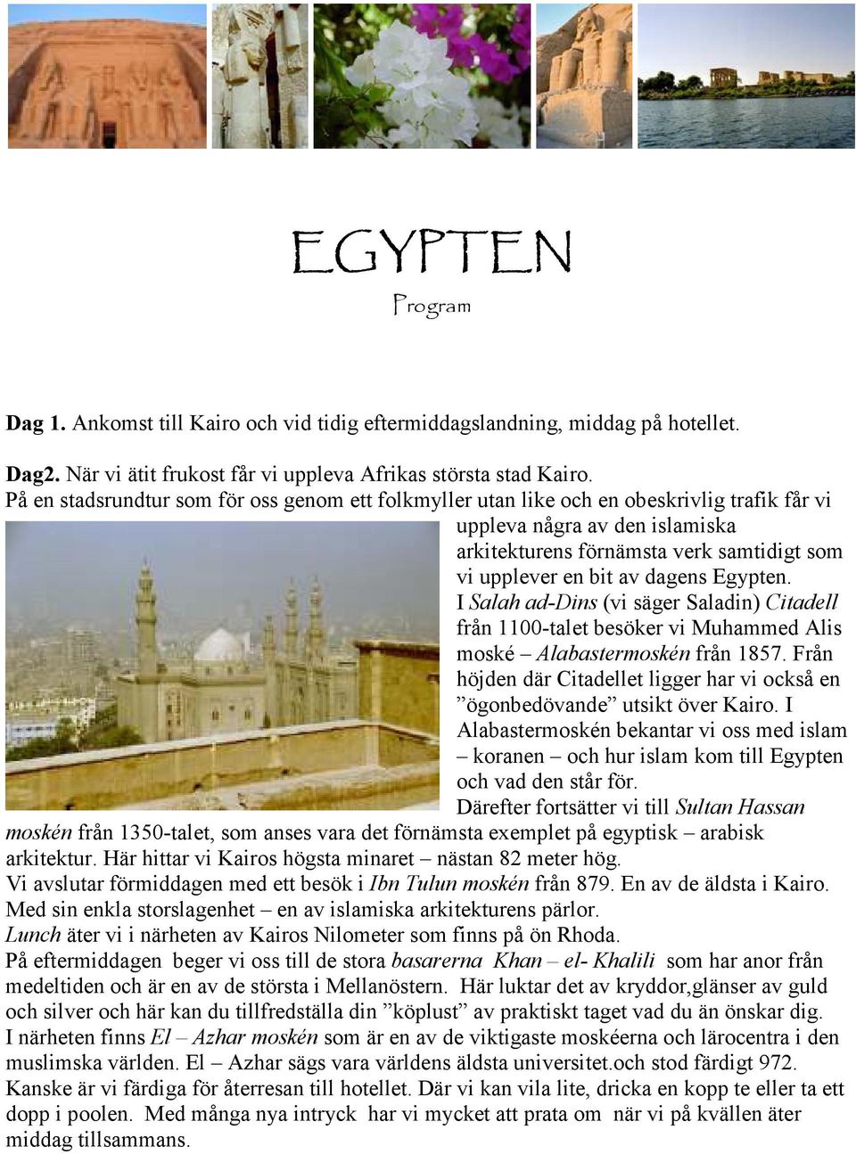 Egypten. I Salah ad-dins (vi säger Saladin) Citadell från 1100-talet besöker vi Muhammed Alis moské Alabastermoskén från 1857.