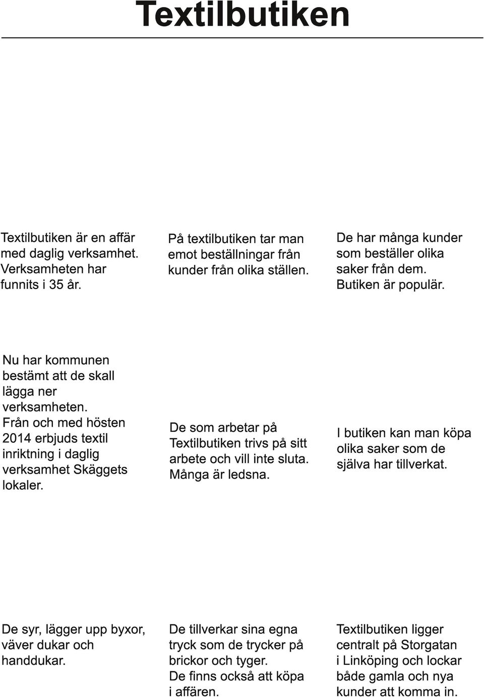 På textilbutiken tar man emot beställningar från kunder från olika ställen. De har många kunder som beställer olika saker från dem. Butiken är populär.