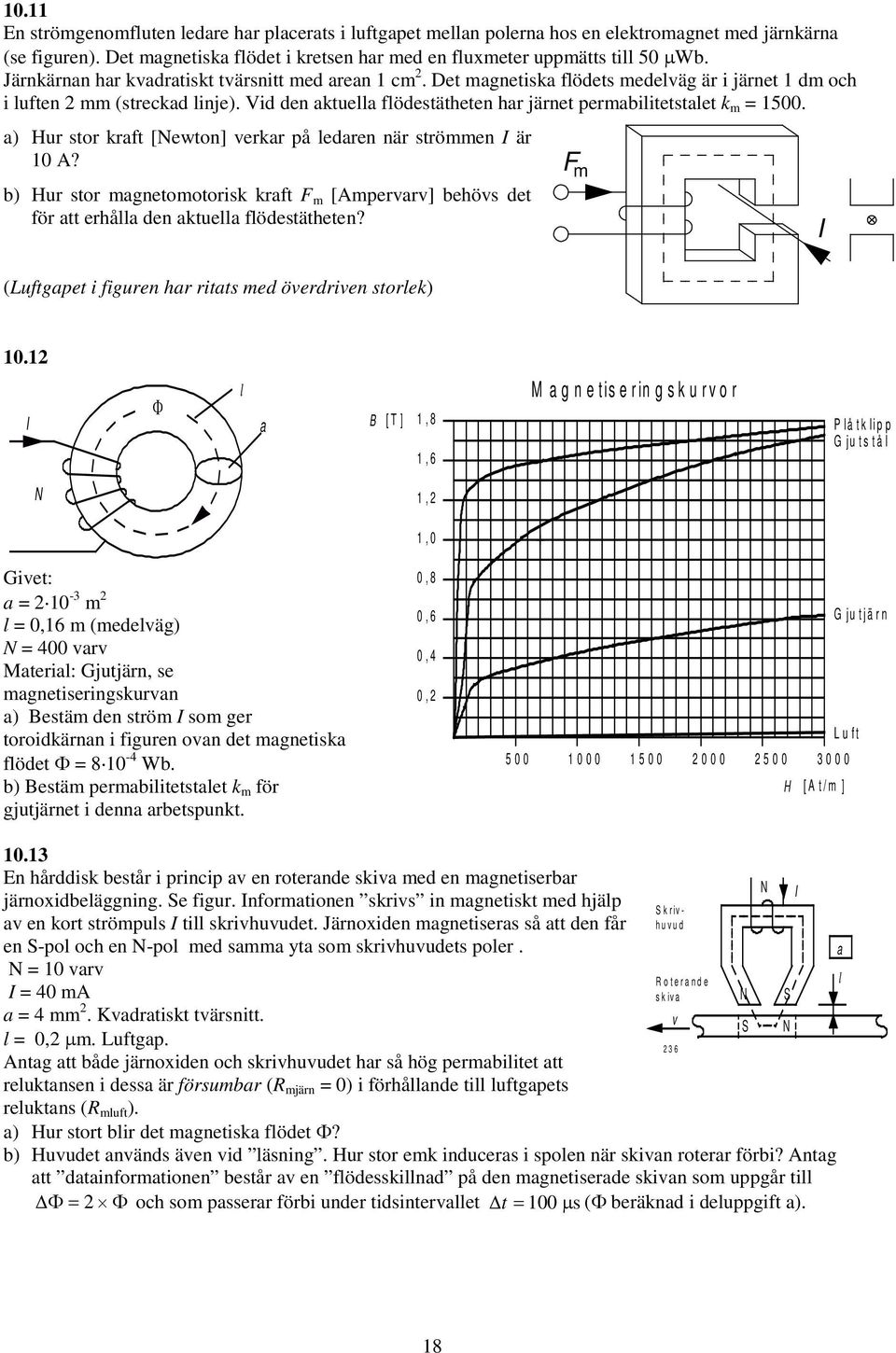 a) Hur stor kraft [Newton] verkar på ledaren när strömmen är 0 A? b) Hur stor magnetomotorisk kraft F m [Ampervarv] behövs det för att erhålla den aktuella flödestätheten?