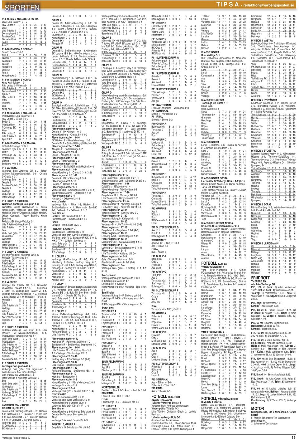 7 3 1 3 11-18 10 Norvalla/Värö 7 3 0 4 12-26 9 Lerkil 7 1 1 5 9-14 4 Åsa 2 7 0 1 6 7-29 1 F13-16 DIVISION 3 NORRA 2 Särö 2-Onsala 2 0-3 Tölö 2 7 7 0 0 56-6 21 Onsala 2 6 5 0 1 23-7 15 Sandl/K 2 7 5 0