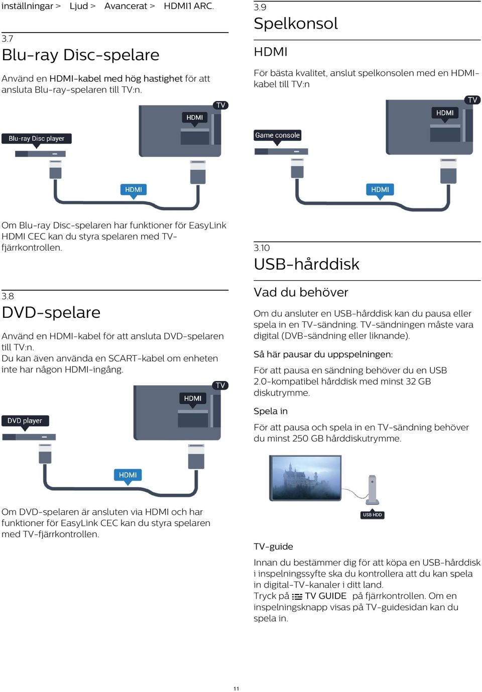 9 Spelkonsol HDMI För bästa kvalitet, anslut spelkonsolen med en HDMIkabel till TV:n Om Blu-ray Disc-spelaren har funktioner för EasyLink HDMI CEC kan du styra spelaren med TVfjärrkontrollen. 3.