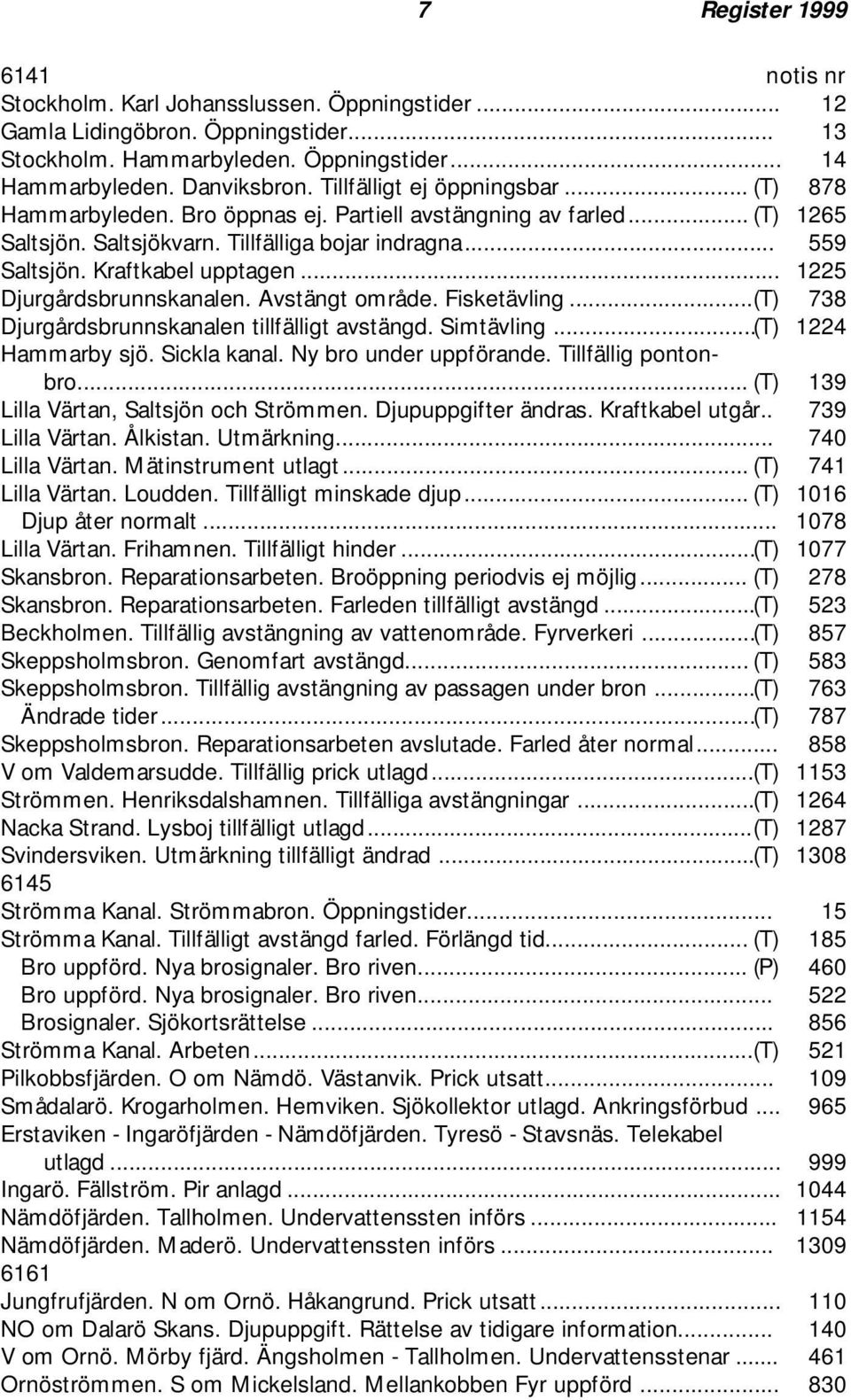 .. 1225 Djurgårdsbrunnskanalen. Avstängt område. Fisketävling...(T) 738 Djurgårdsbrunnskanalen tillfälligt avstängd. Simtävling...(T) 1224 Hammarby sjö. Sickla kanal. Ny bro under uppförande.