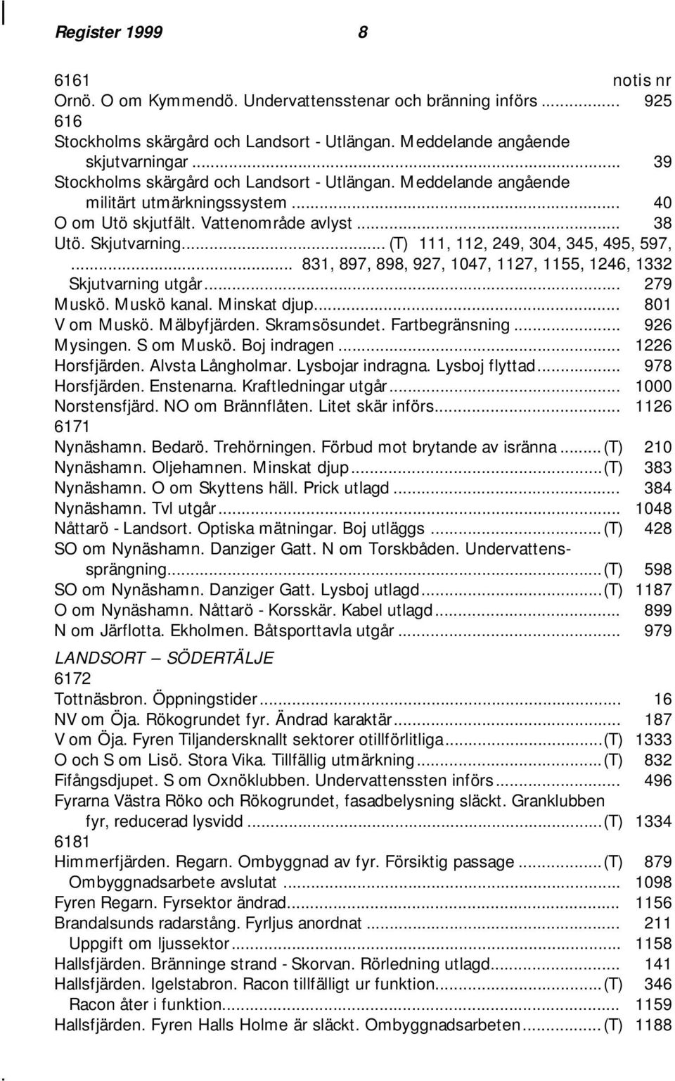 .. (T) 111, 112, 249, 304, 345, 495, 597,... 831, 897, 898, 927, 1047, 1127, 1155, 1246, 1332 Skjutvarning utgår... 279 Muskö. Muskö kanal. Minskat djup... 801 V om Muskö. Mälbyfjärden. Skramsösundet.