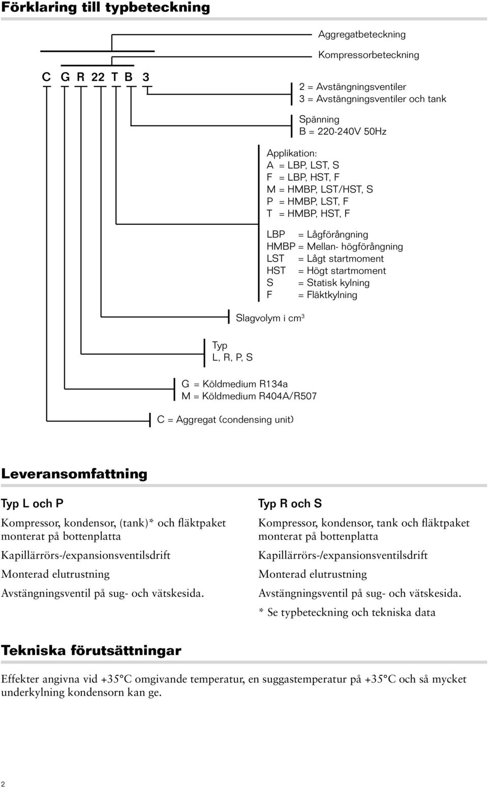 = Mellan- högförångning LST = Lågt startmoment HST = Högt startmoment S = Statisk kylning F = Fläktkylning Leveransomfattning Typ L och P Kompressor, kondensor, (tank)* och fläktpaket monterat på