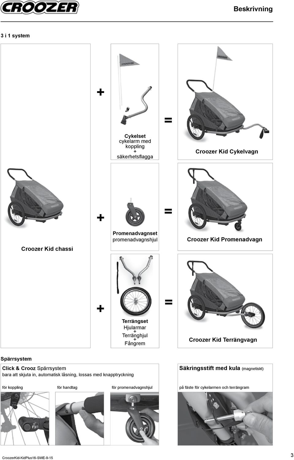 Kid Terrängvagn Spärrsystem Click & Crooz Spärrsystem bara att skjuta in, automatisk låsning, lossas med knapptryckning