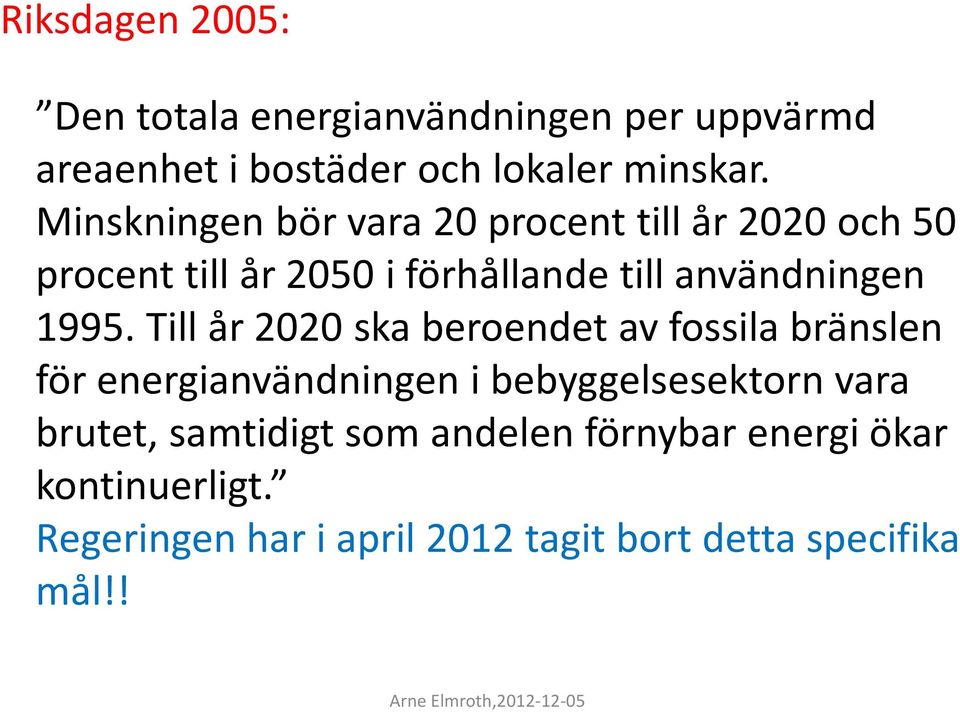 1995. Till år 2020 ska beroendet av fossila bränslen för energianvändningen i bebyggelsesektorn vara brutet,