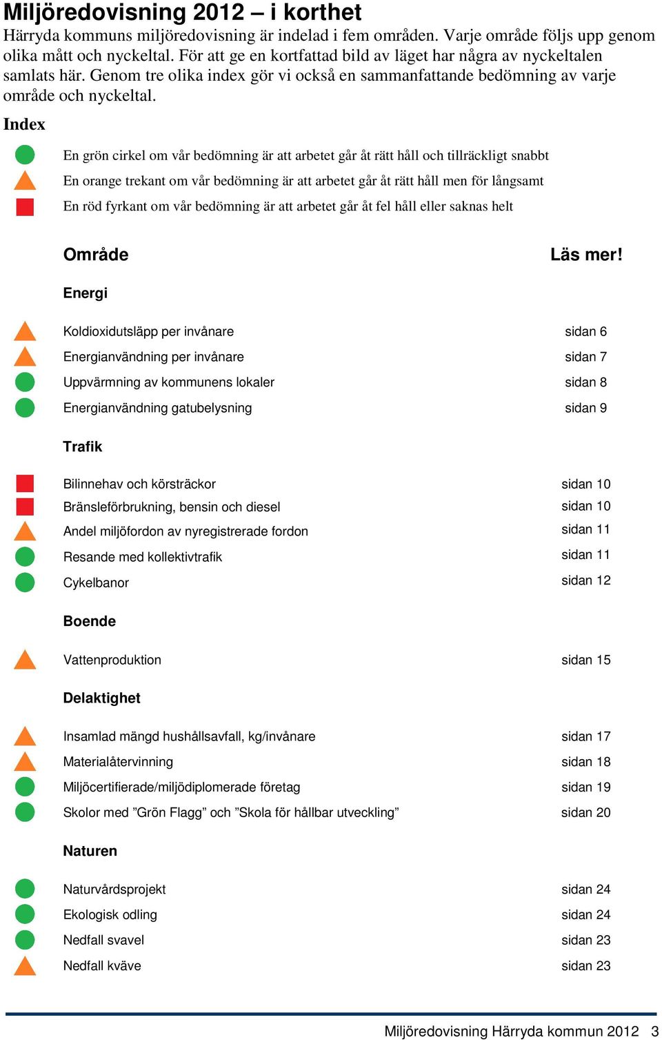 Index En grön cirkel om vår bedömning är att arbetet går åt rätt håll och tillräckligt snabbt En orange trekant om vår bedömning är att arbetet går åt rätt håll men för långsamt En röd fyrkant om vår