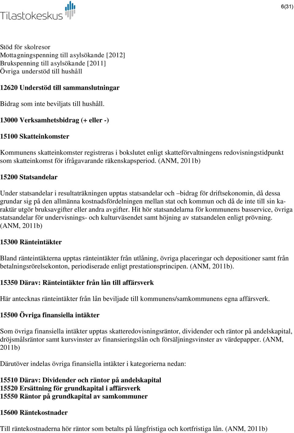 13000 Verksamhetsbidrag (+ eller -) 15100 Skatteinkomster Kommunens skatteinkomster registreras i bokslutet enligt skatteförvaltningens redovisningstidpunkt som skatteinkomst för ifrågavarande