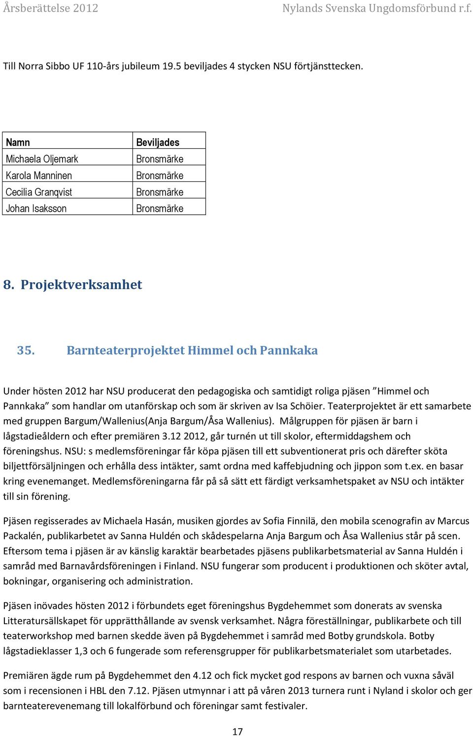 Barnteaterprojektet Himmel och Pannkaka Under hösten 2012 har NSU producerat den pedagogiska och samtidigt roliga pjäsen Himmel och Pannkaka som handlar om utanförskap och som är skriven av Isa