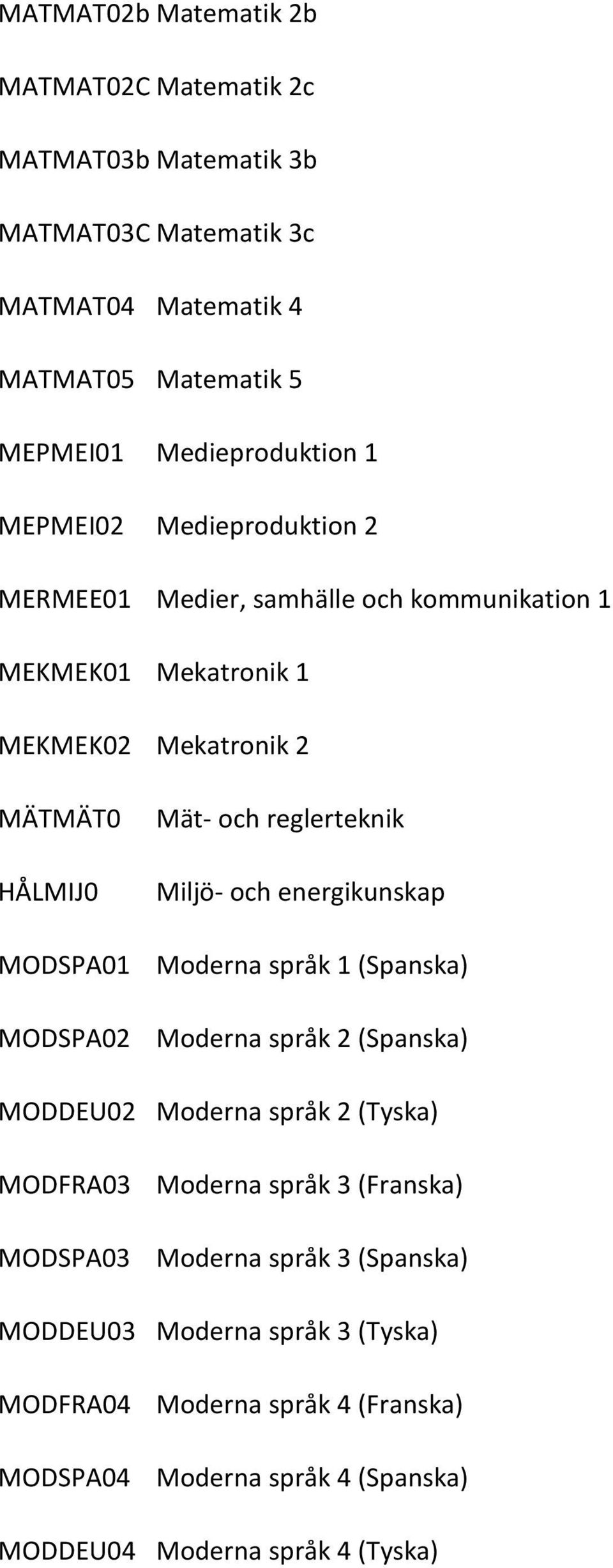 MODFRA03 MODSPA03 MODDEU03 MODFRA04 MODSPA04 MODDEU04 Mät- och reglerteknik Miljö- och energikunskap Moderna språk 1 (Spanska) Moderna språk 2 (Spanska) Moderna