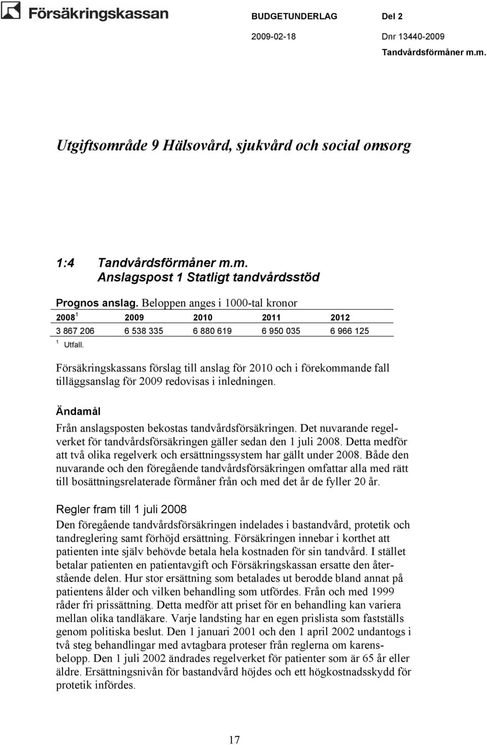 Försäkringskassans förslag till anslag för 2010 och i förekommande fall tilläggsanslag för 2009 redovisas i inledningen. Ändamål Från anslagsposten bekostas tandvårdsförsäkringen.