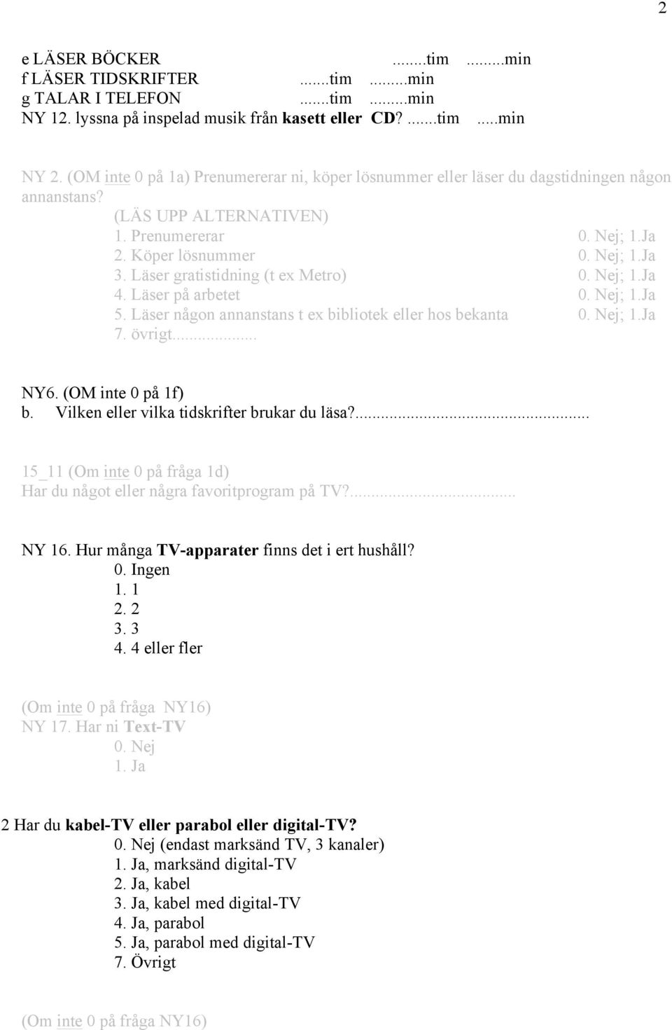 Läser gratistidning (t ex Metro) 0. Nej; 1.Ja 4. Läser på arbetet 0. Nej; 1.Ja 5. Läser någon annanstans t ex bibliotek eller hos bekanta 0. Nej; 1.Ja 7. övrigt... NY6. (OM inte 0 på 1f) b.