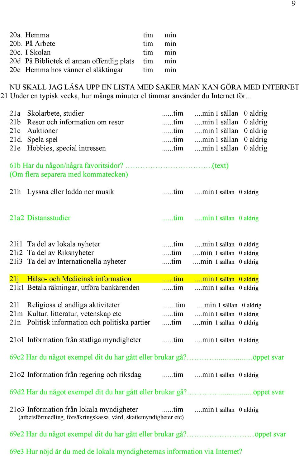 vecka, hur många minuter el timmar använder du Internet för... 21a Skolarbete, studier...tim...min 1 sällan 0 aldrig 21b Resor och information om resor...tim...min 1 sällan 0 aldrig 21c Auktioner...tim...min 1 sällan 0 aldrig 21d.