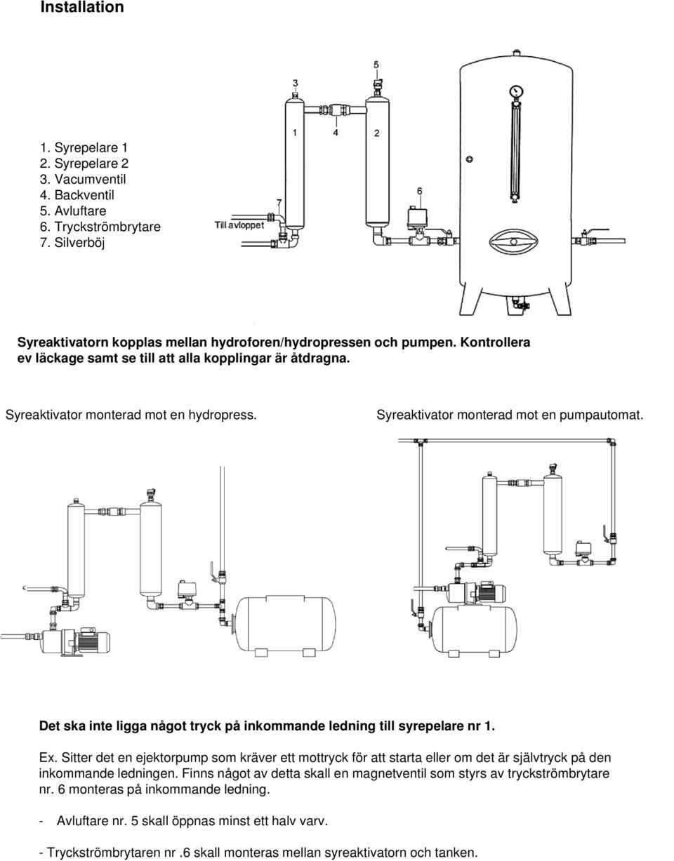 Det ska inte ligga något tryck på inkommande ledning till syrepelare nr 1. Ex.