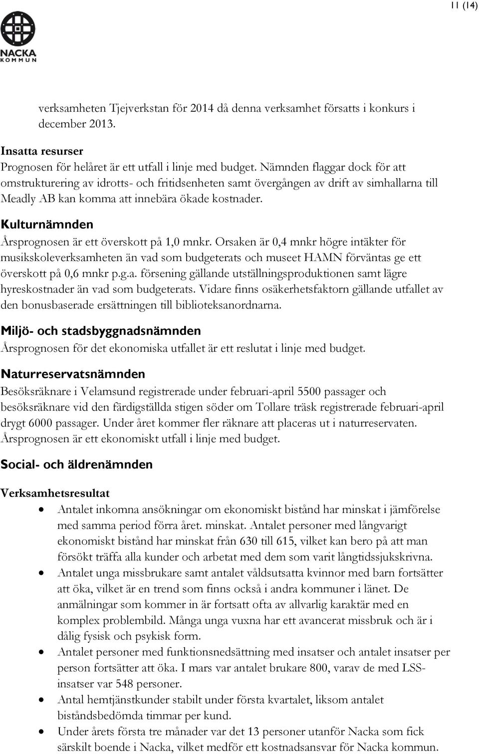 Kulturnämnden Årsprognosen är ett överskott på 1,0 mnkr. Orsaken är 0,4 mnkr högre intäkter för musikskoleverksamheten än vad som budgeterats och museet HAMN förväntas ge ett överskott på 0,6 mnkr p.